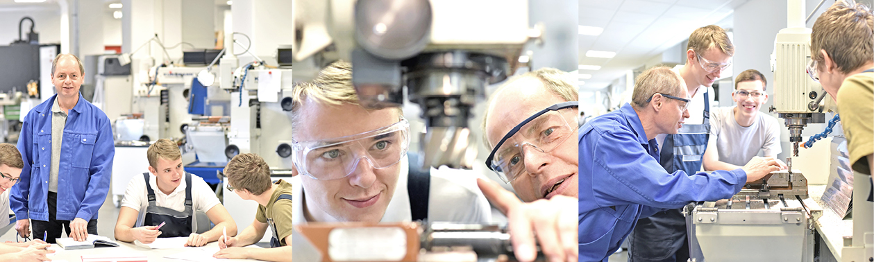 Bildcollage mit jungen Menschen und ihrem Ausbilder in einer CNC-Werkstatt